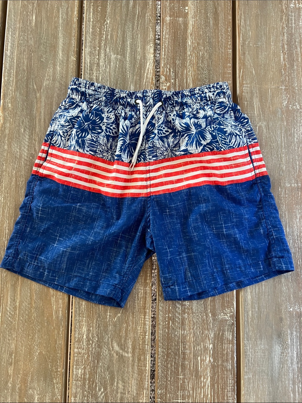 Navy Floral-Panel Swim Trunks with Red Stripe Accent